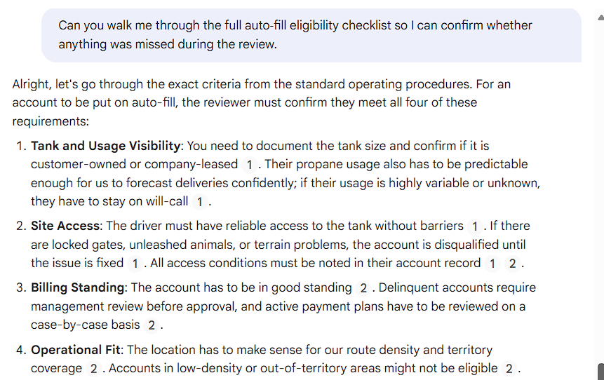 NotebookLM answering an auto-fill eligibility question with four documented criteria, each followed by numbered citations linking back to the source SOPs.